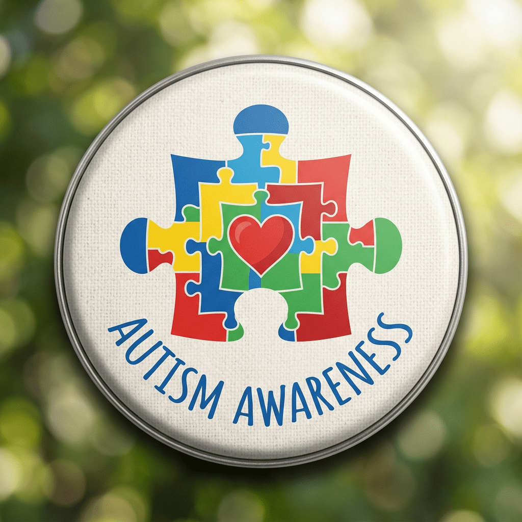 Badge with colorful puzzle pieces and a red heart with text Autism Awareness